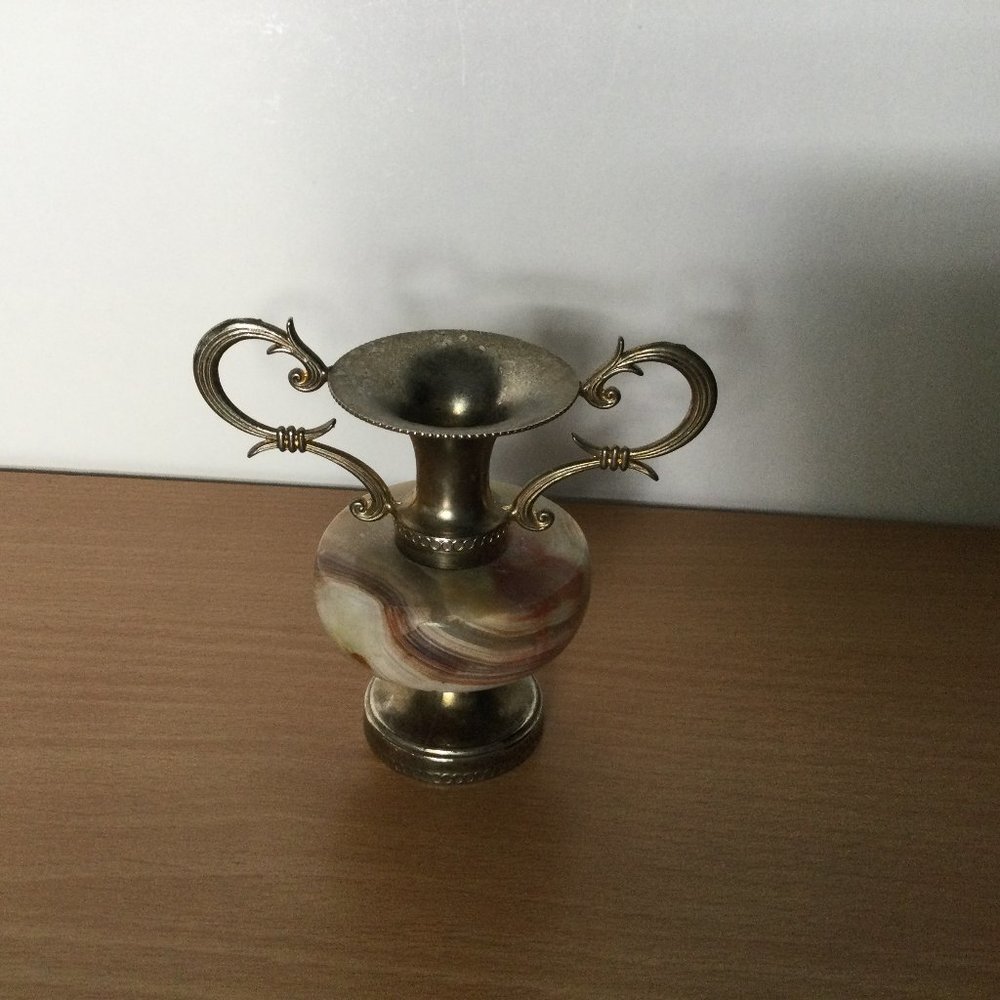 Vintage mini small decorative bud vase handled stone metal onyx 3.25"